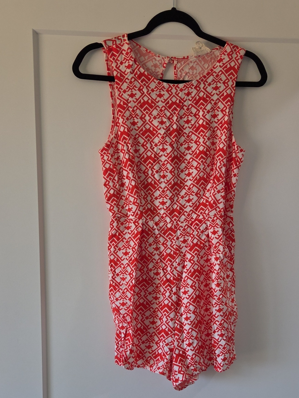 Everly Redish/Orangeish & White Sleeveless Patterned Romper